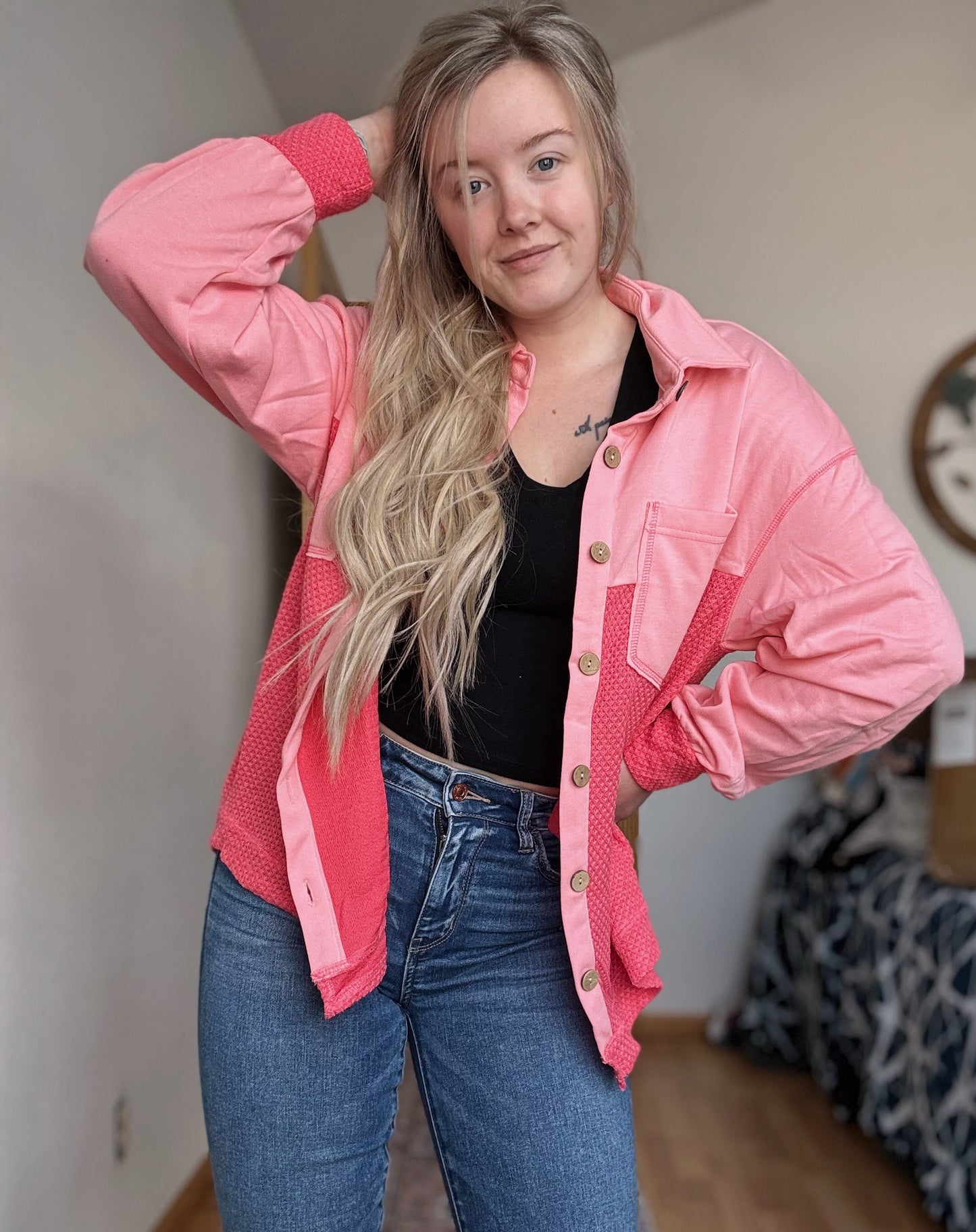 Two Tone Contrast Waffle Knit Buttoned Loose Shacket
