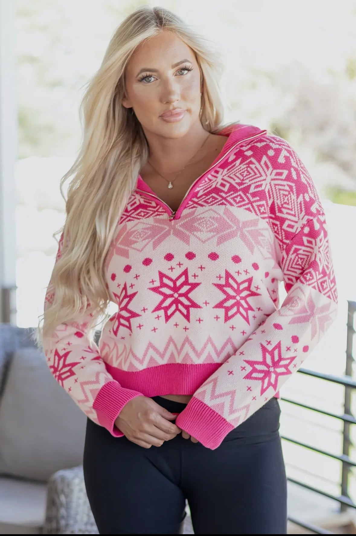 Pink Christmas Snowflake Quarter Zip Sweater