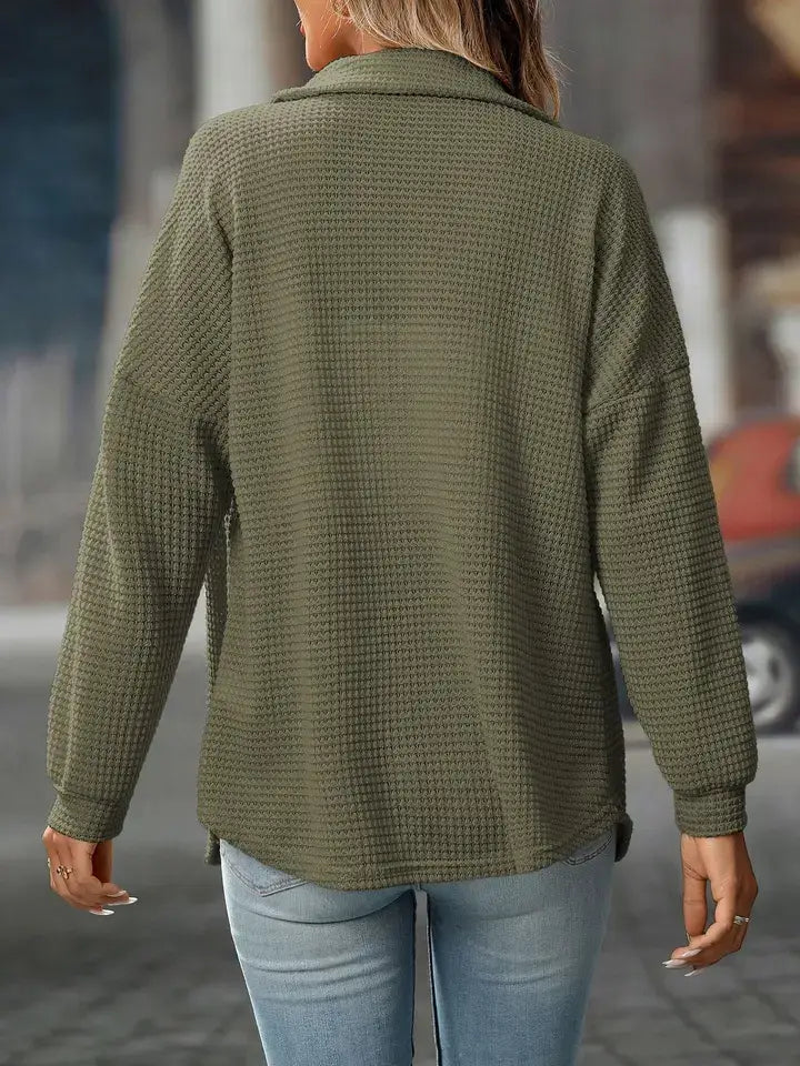 Waffle Knit Button-Up Long Sleeve