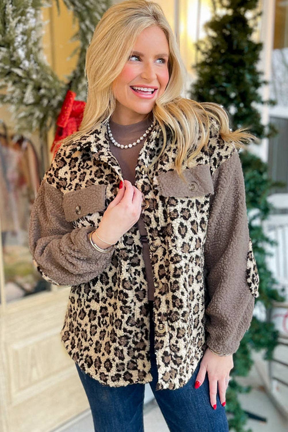 Brown Sherpa Leopard Print Button Up Jacket