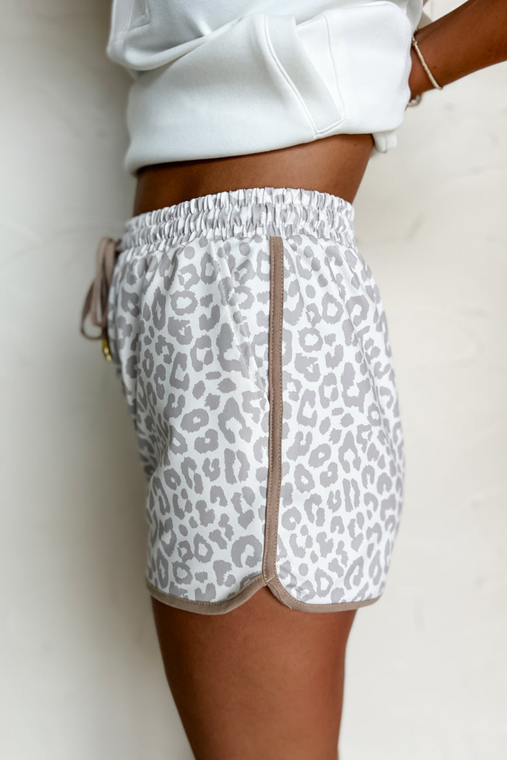 Leopard Elastic Waistband Lace up Casual Shorts
