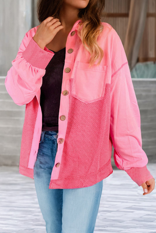 Two Tone Contrast Waffle Knit Buttoned Loose Shacket