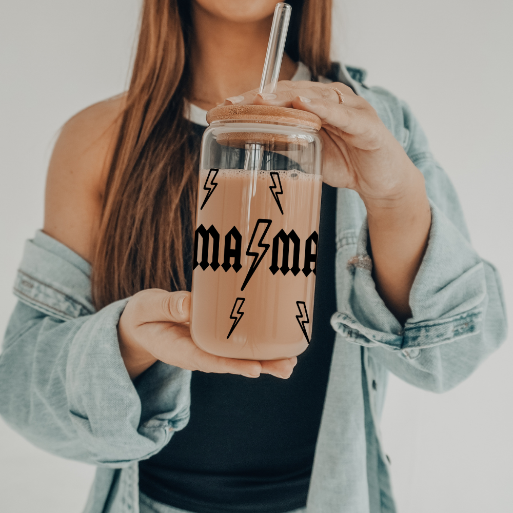 Mama Lightning Bolt | 20 oz Glass with Bamboo Lid & Straw