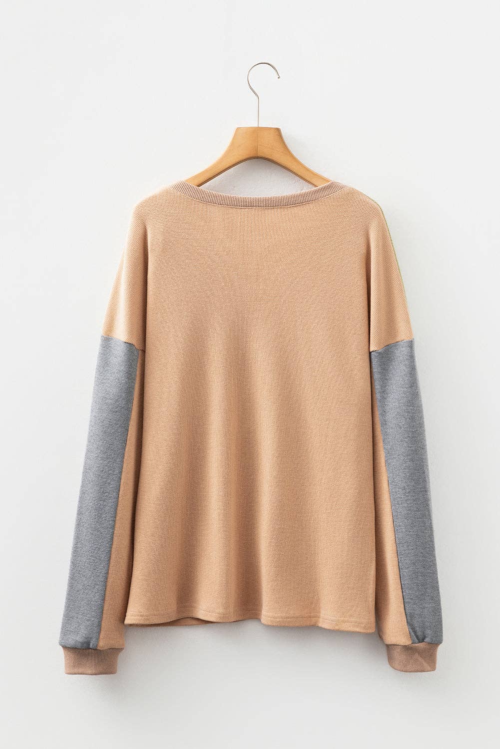 Buckskin Color Block Thermal Textured Knit Drop Shoulder Henley Top