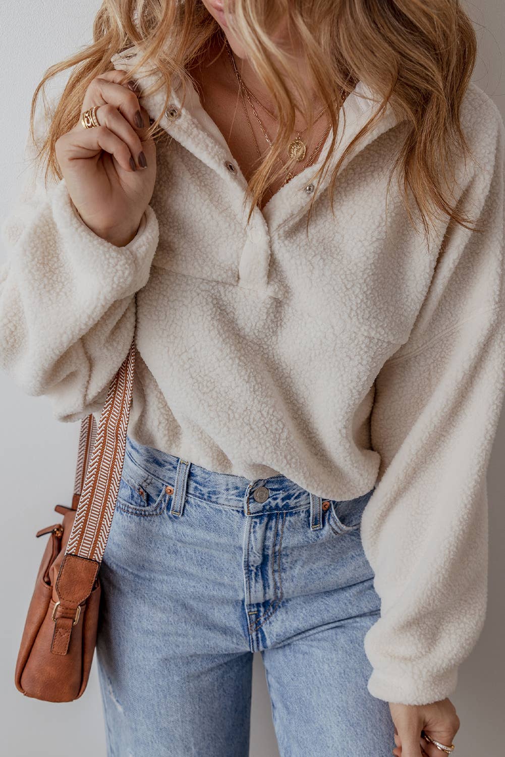 Fleece Buttoned Collar Drop Shoulder Sweatshirt