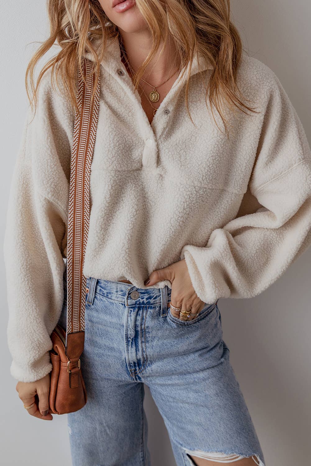 Fleece Buttoned Collar Drop Shoulder Sweatshirt