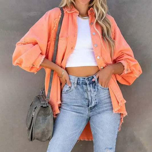 Loose raw edge patchwork pocket denim shirt jacket