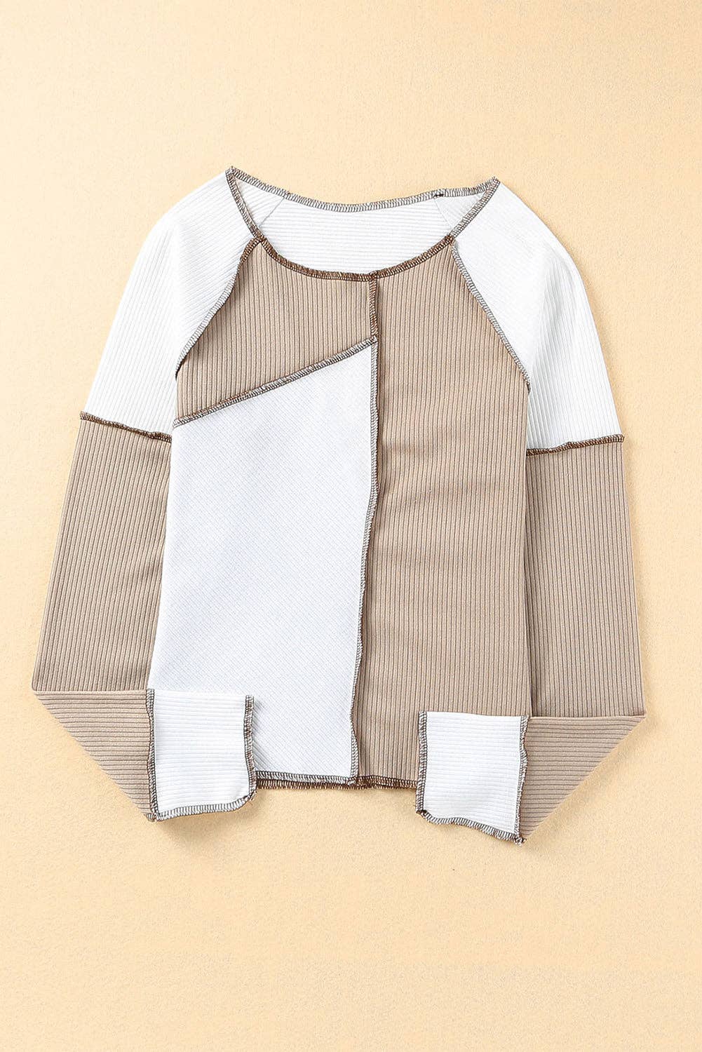 Irregular Color Block Seaming Trim Rib Knit Top