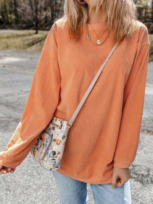 Orange Long Sleeve Ribbed Corduroy Oversized Pullover