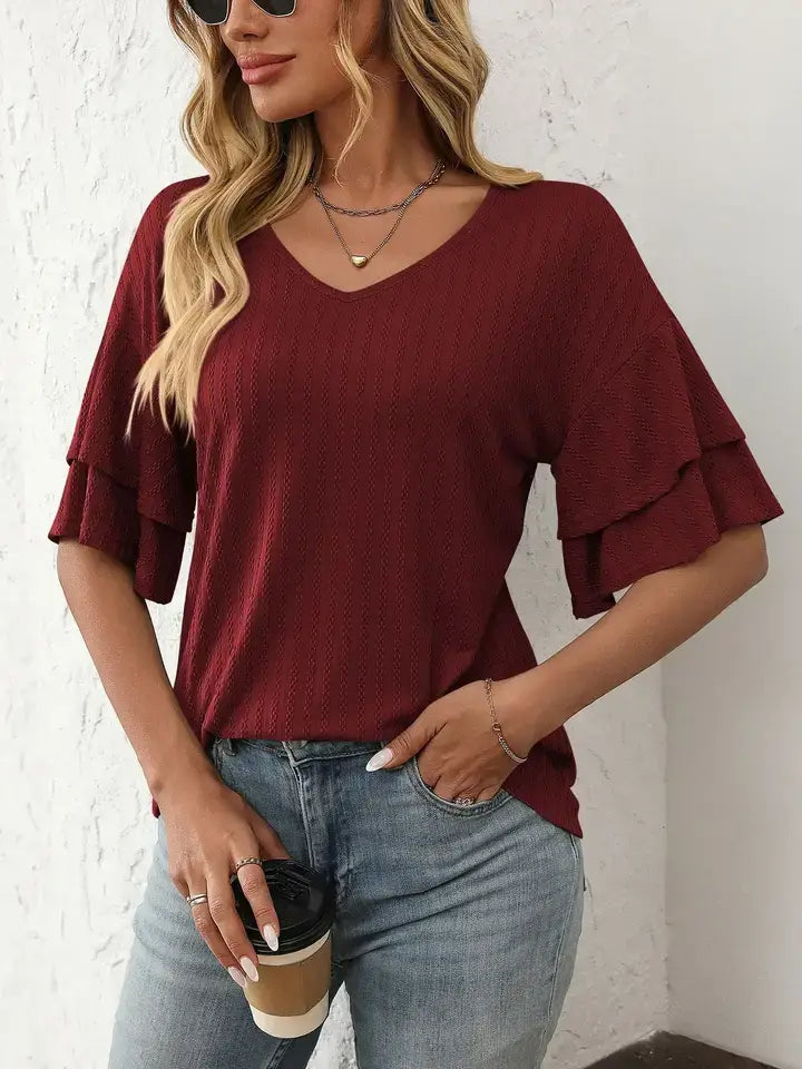 Solid V Neck Ruffle Sleeve Short Sleeve Summer Top