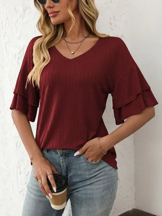 Solid V Neck Ruffle Sleeve Short Sleeve Summer Top