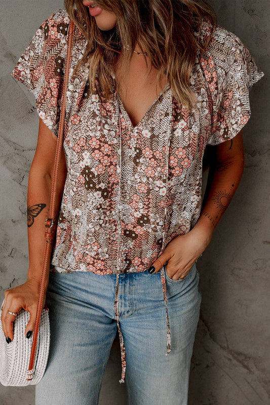 V-neck Short Sleeve Fluttering Blouse