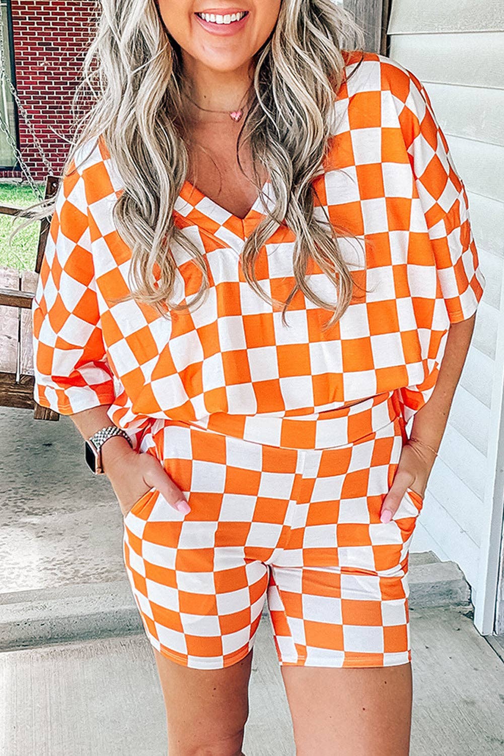 Orange Checkerboard Tee and Shorts Lounge Set