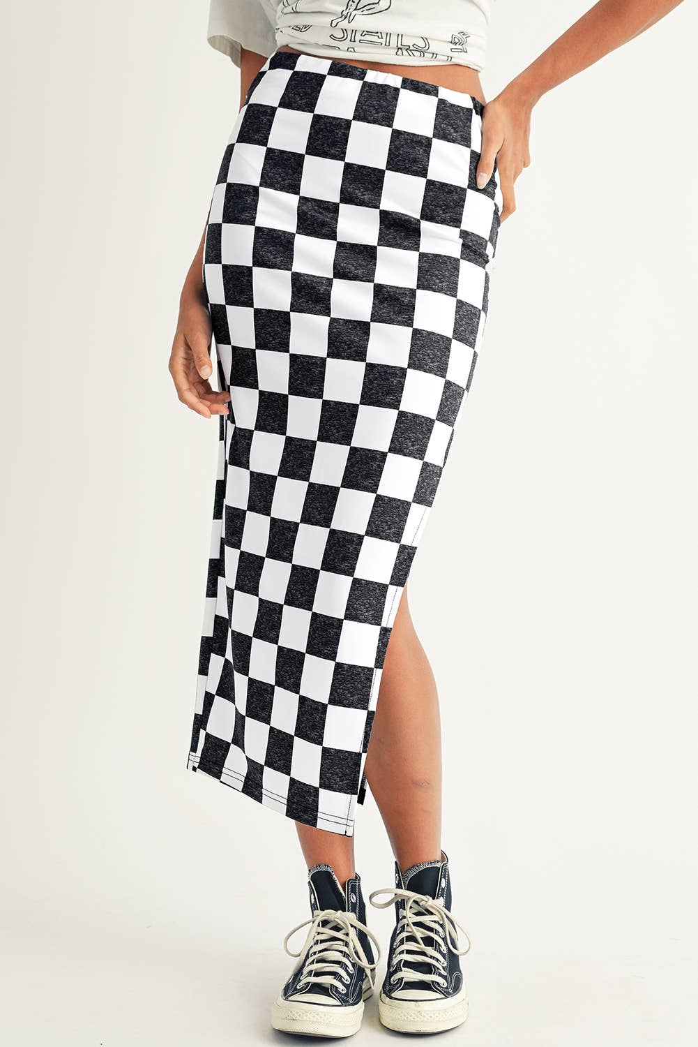 LDC Checkered Print Side Slit High Waist Midi Skirt