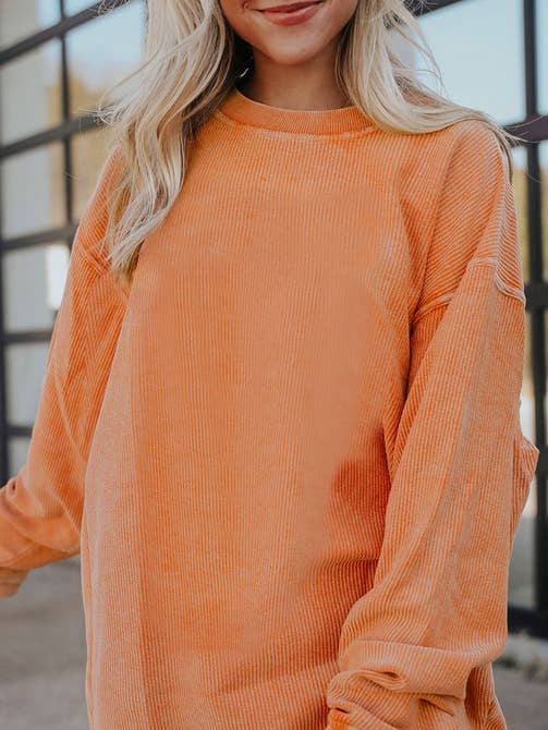 Orange Long Sleeve Ribbed Corduroy Oversized Pullover