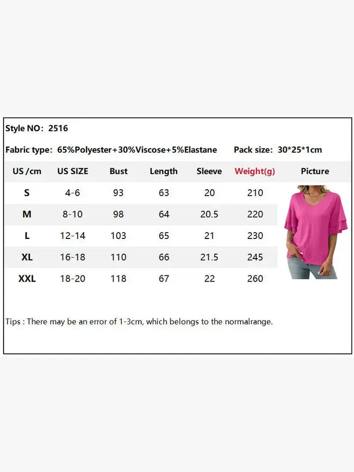 Solid V Neck Ruffle Sleeve Short Sleeve Summer Top