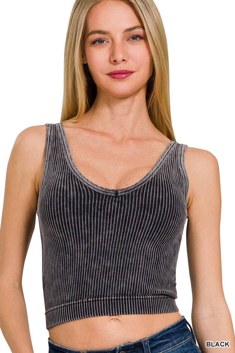 WASHED RIB CROP V-NECK TANK w/ removable bra pad