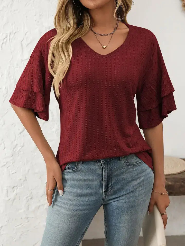 Solid V Neck Ruffle Sleeve Short Sleeve Summer Top