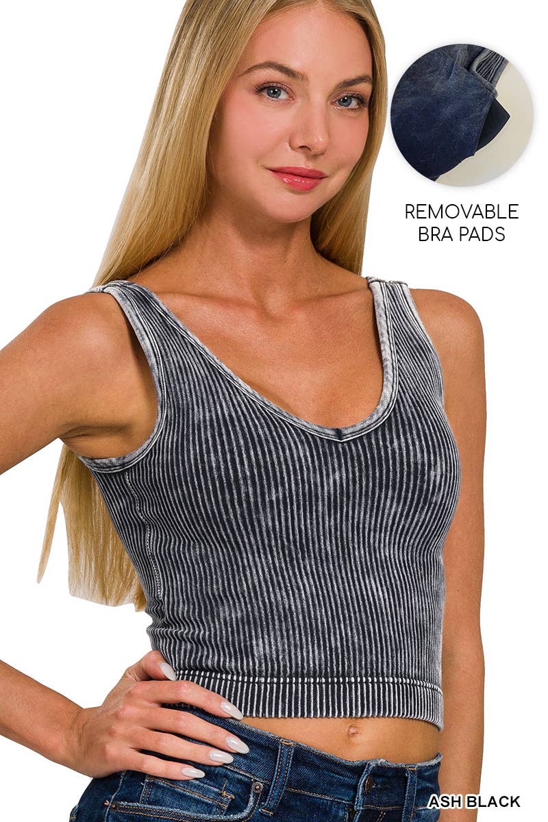 WASHED RIB CROP V-NECK TANK w/ removable bra pad