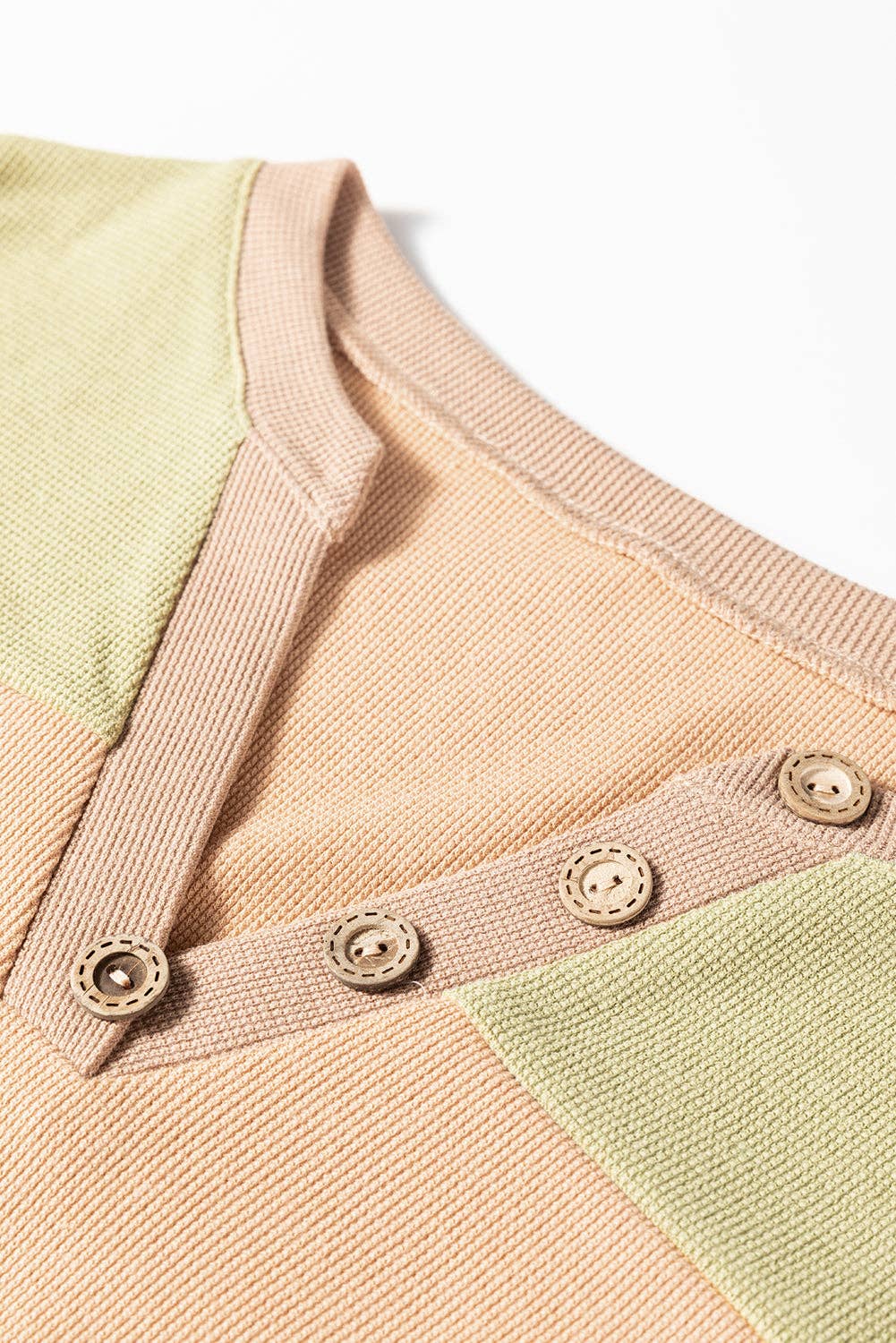 Buckskin Color Block Thermal Textured Knit Drop Shoulder Henley Top